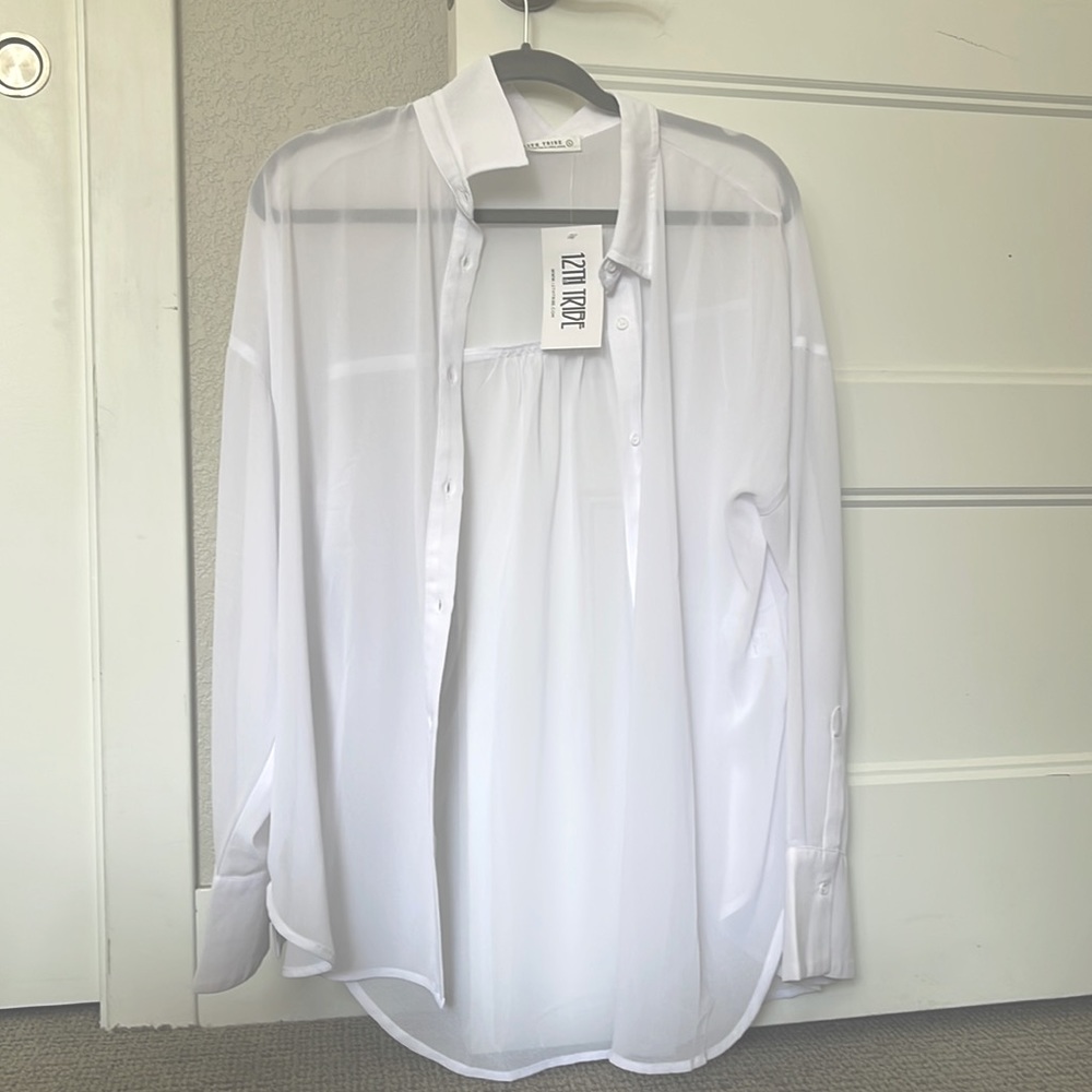 Sheer/white button down 12th Tribe shirt